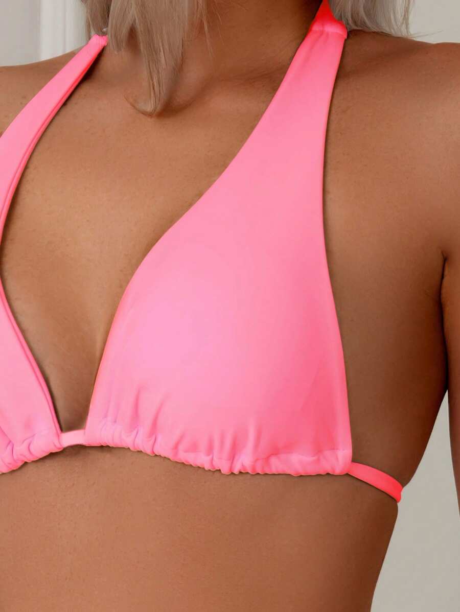 Düz Renk Halter Bağcıklı Bikini Takımı