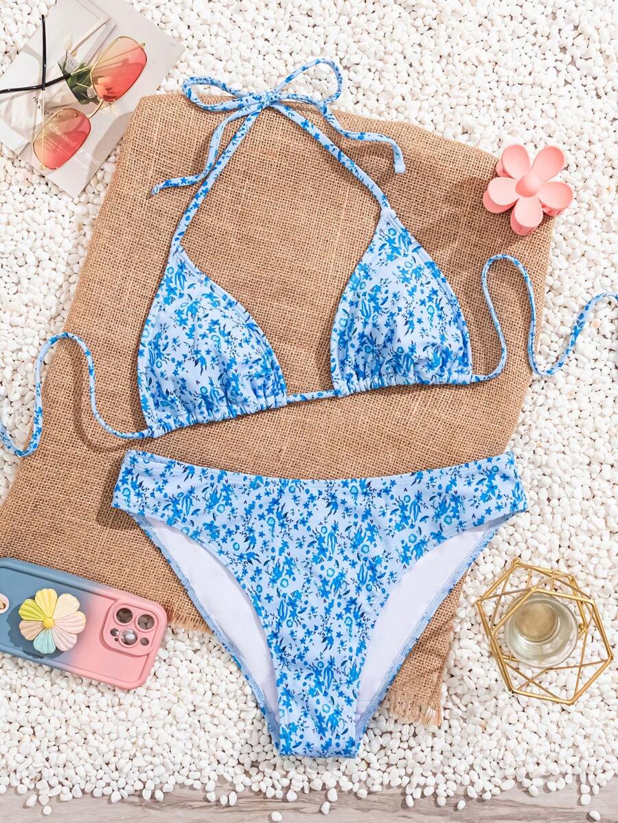 Çiçek Desenli Halter Bağcıklı Bikini Takımı