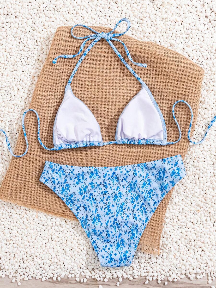 Çiçek Desenli Halter Bağcıklı Bikini Takımı