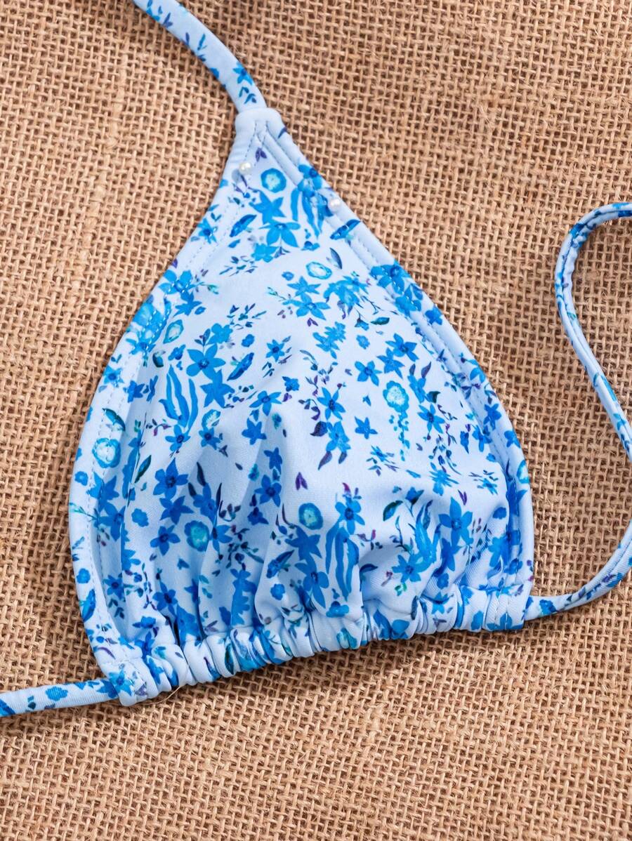 Çiçek Desenli Halter Bağcıklı Bikini Takımı