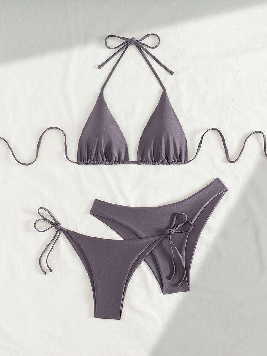 3 Parça Halter Üst + Üçgen Alt + Bağcıklı Şort Bikini Takımı