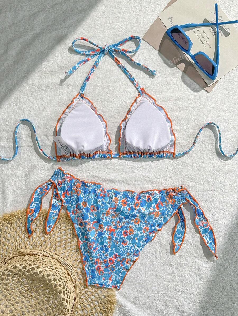 Çiçekli Dantel Pileli Bikini Takımı