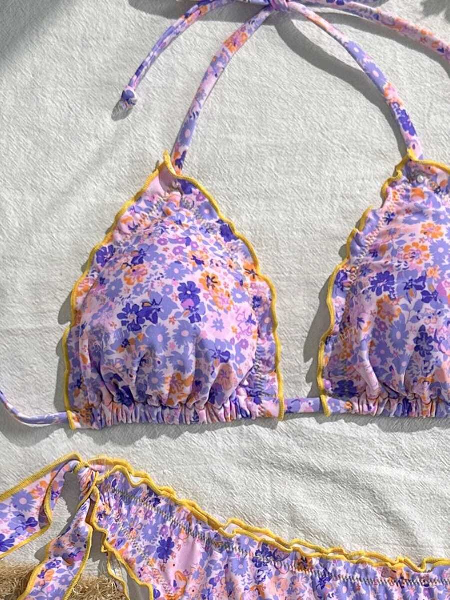 Çiçekli Dantel Pileli Bikini Takımı