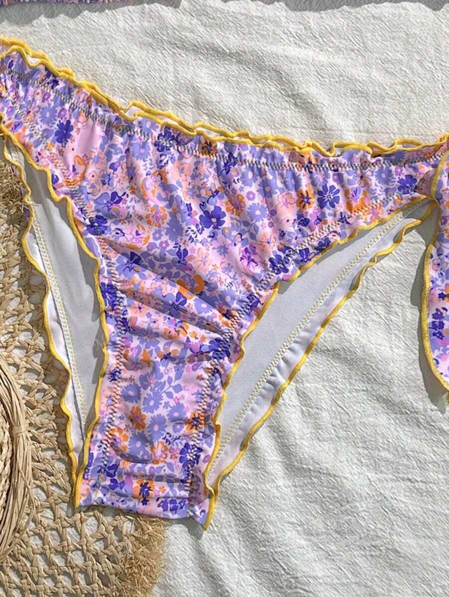Çiçekli Dantel Pileli Bikini Takımı