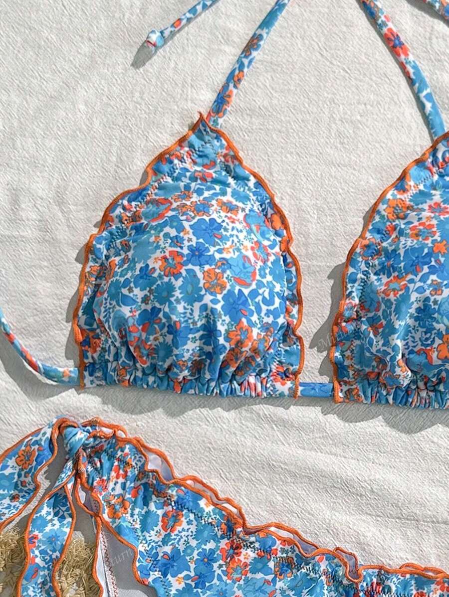 Çiçekli Dantel Pileli Bikini Takımı