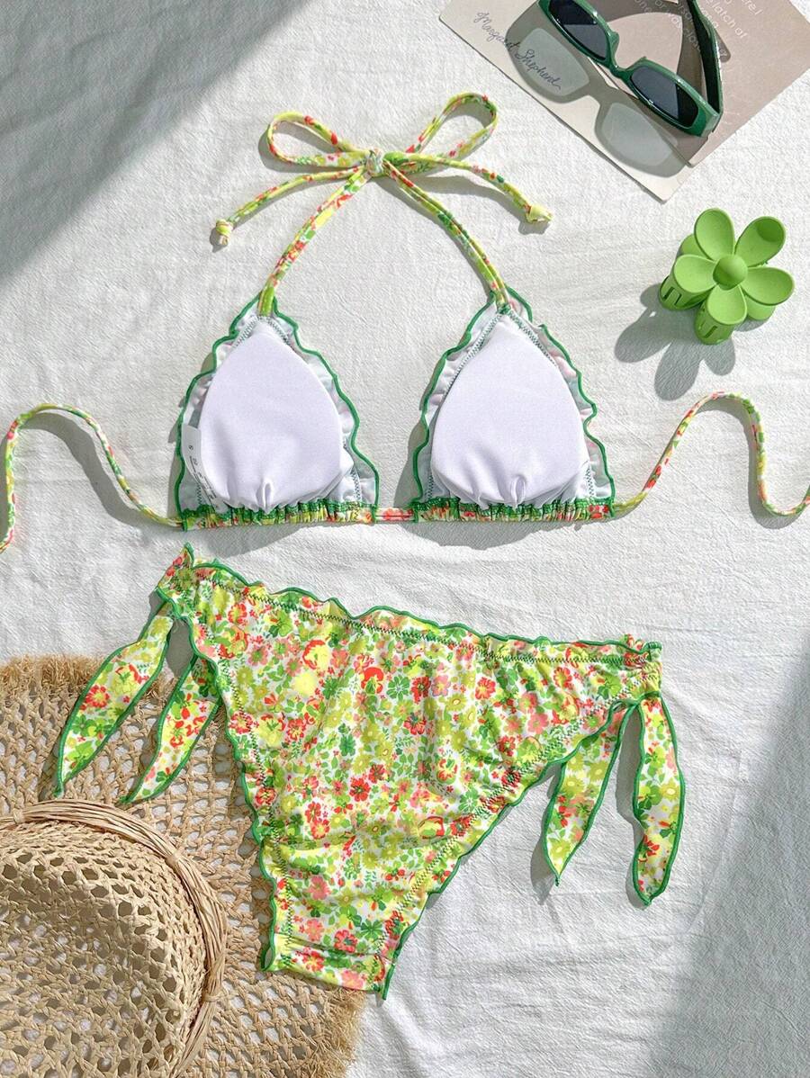 Çiçekli Dantel Pileli Bikini Takımı