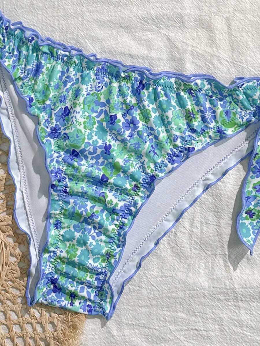 Çiçekli Dantel Pileli Bikini Takımı