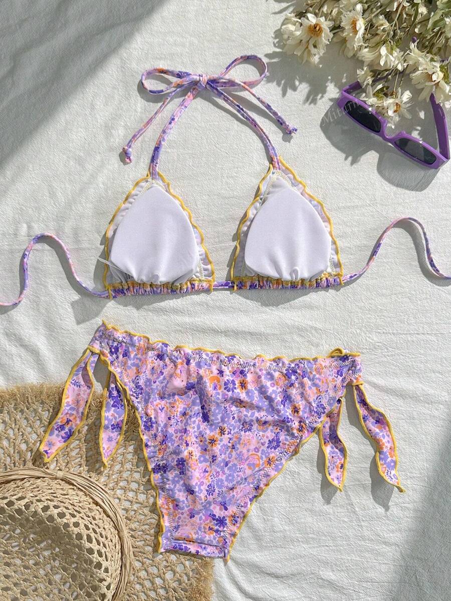 Çiçekli Dantel Pileli Bikini Takımı