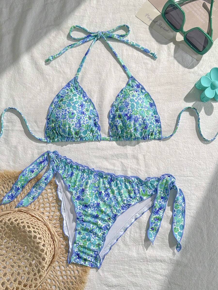 Çiçekli Dantel Pileli Bikini Takımı