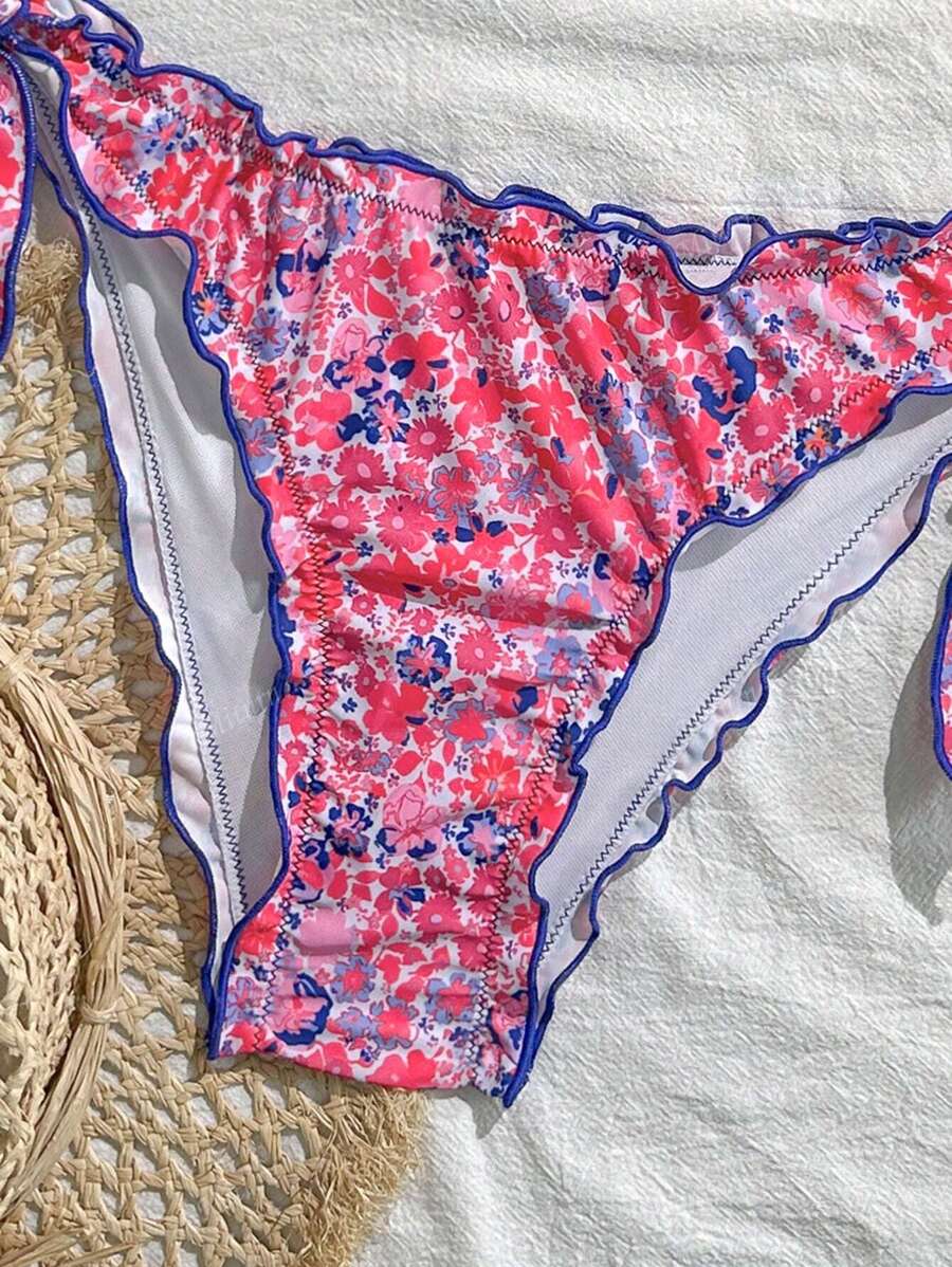 Çiçekli Dantel Pileli Bikini Takımı