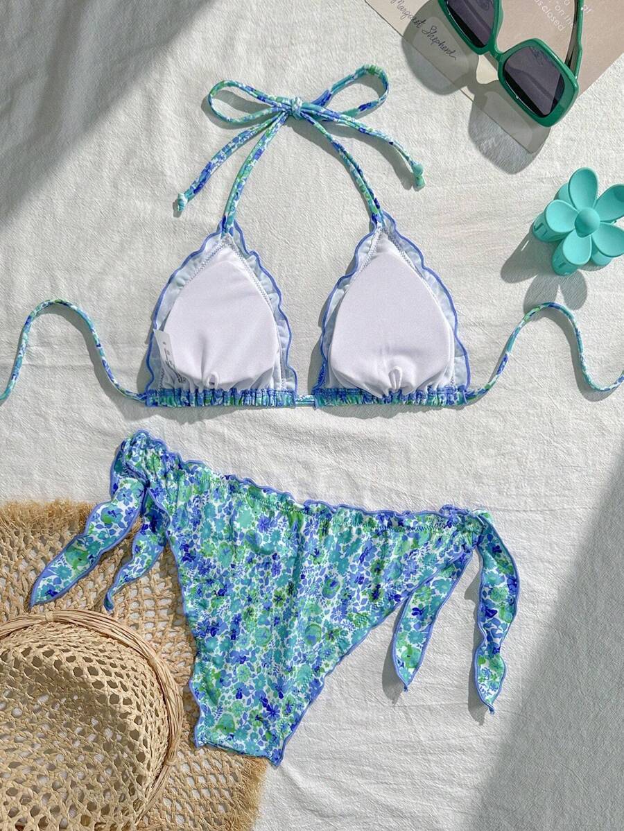 Çiçekli Dantel Pileli Bikini Takımı