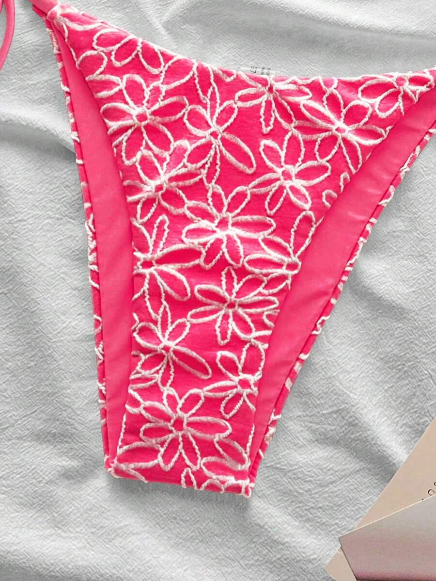 Çiçek Desenli Boyundan Bağlamalı Bikini Ve Bağcıklı Bikini Altı Takımı