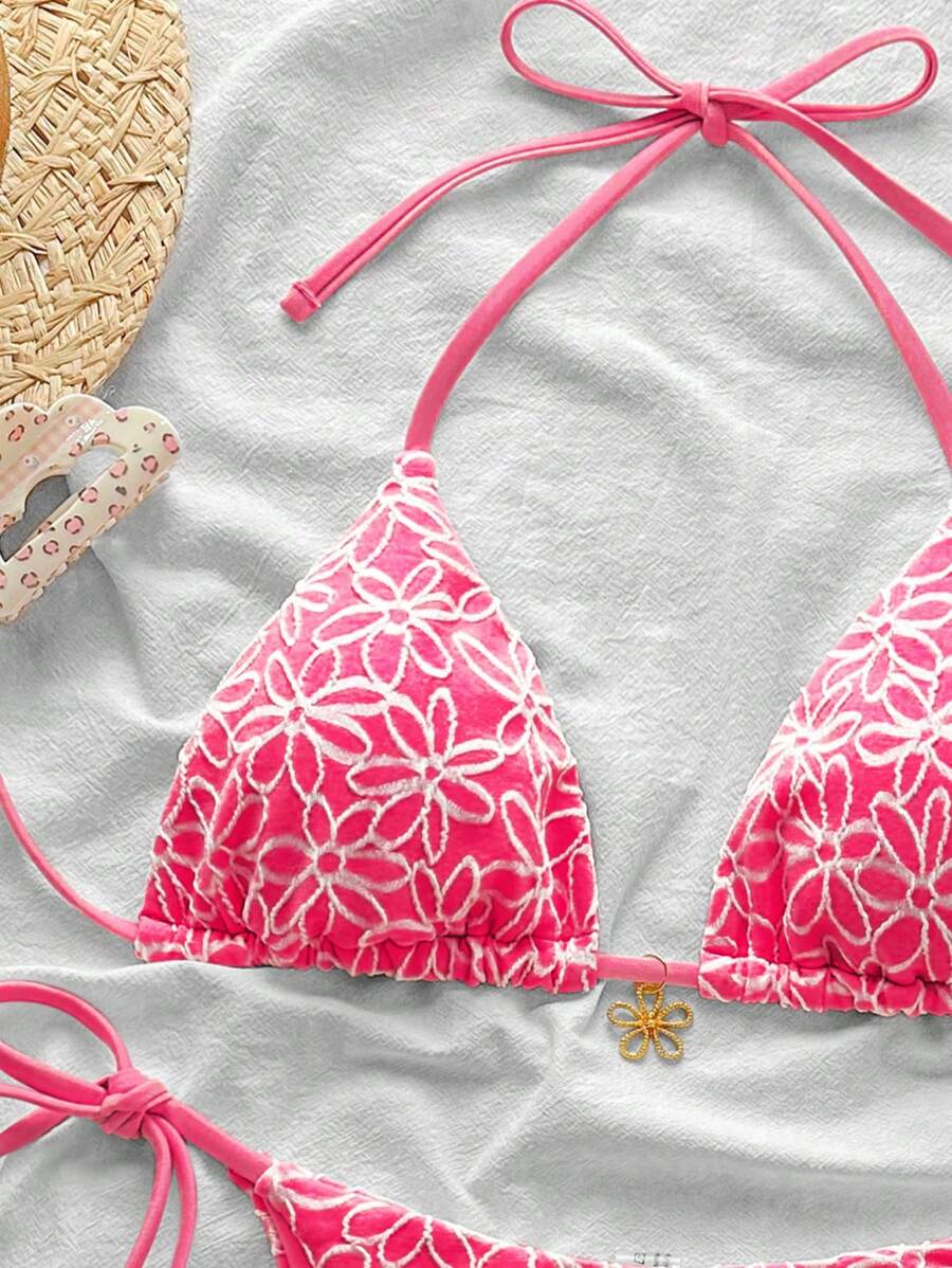 Çiçek Desenli Boyundan Bağlamalı Bikini Ve Bağcıklı Bikini Altı Takımı