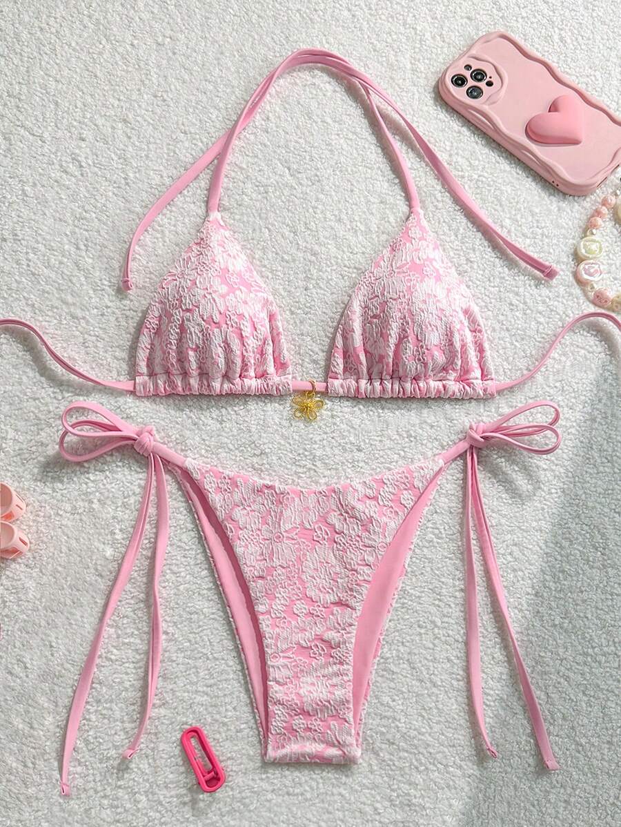 Çiçek Desenli Boyundan Bağlamalı Bikini Ve Bağcıklı Bikini Altı Takımı