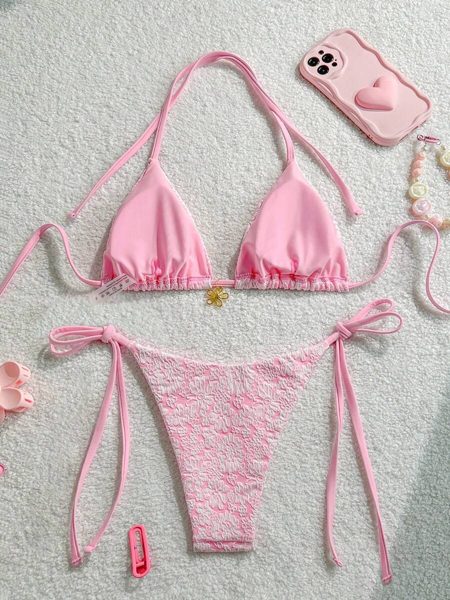 Çiçek Desenli Boyundan Bağlamalı Bikini Ve Bağcıklı Bikini Altı Takımı