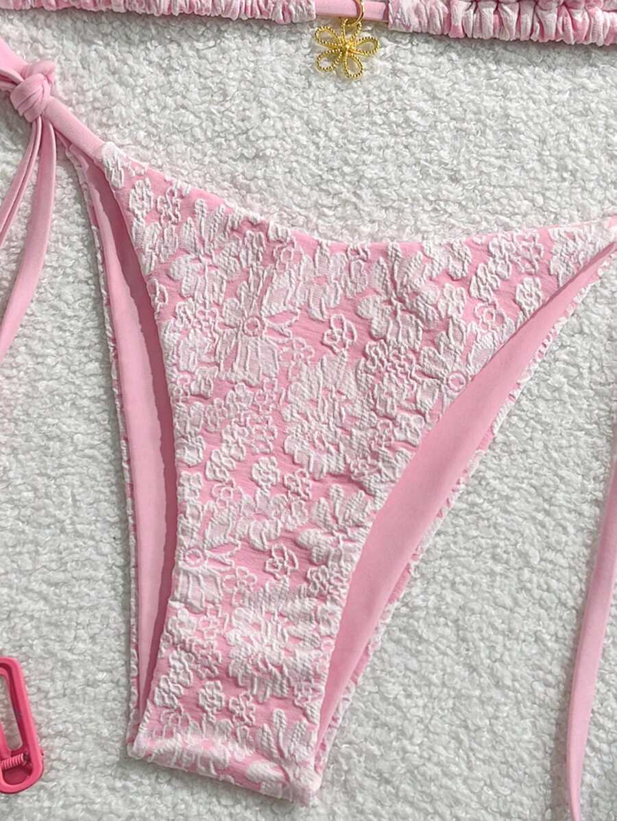 Çiçek Desenli Boyundan Bağlamalı Bikini Ve Bağcıklı Bikini Altı Takımı