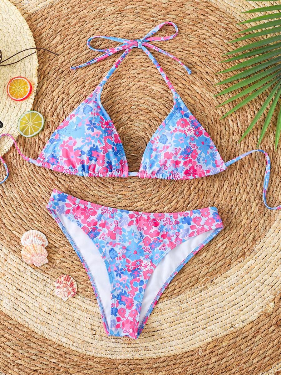 Çiçek Desenli Halter Bağcıklı Bikini Takımı