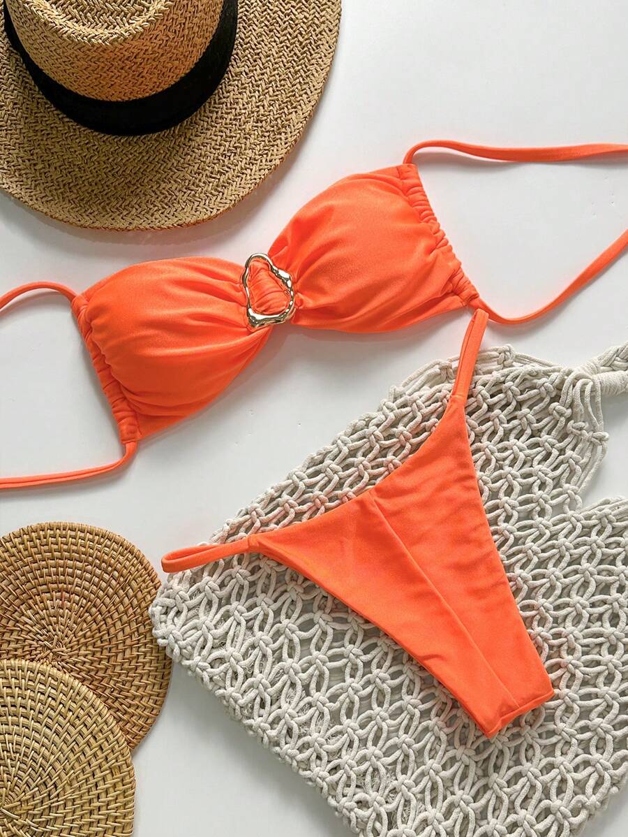 Pembe Straplez Bağcıklı Metal Detaylı Bikini Takımı