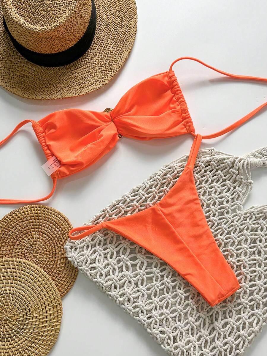 Pembe Straplez Bağcıklı Metal Detaylı Bikini Takımı