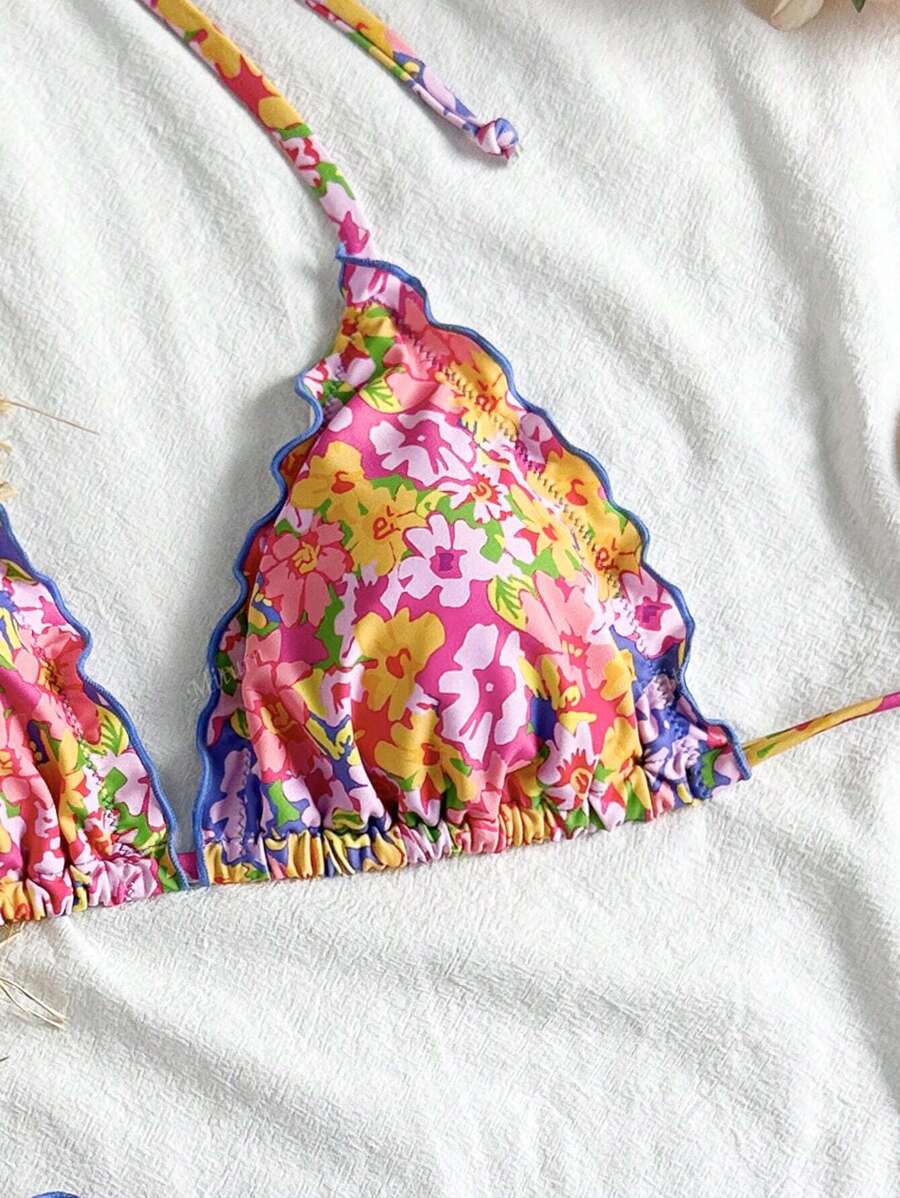 Çiçekli Dantel Pileli Bikini Takımı