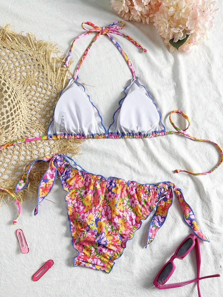 Çiçekli Dantel Pileli Bikini Takımı