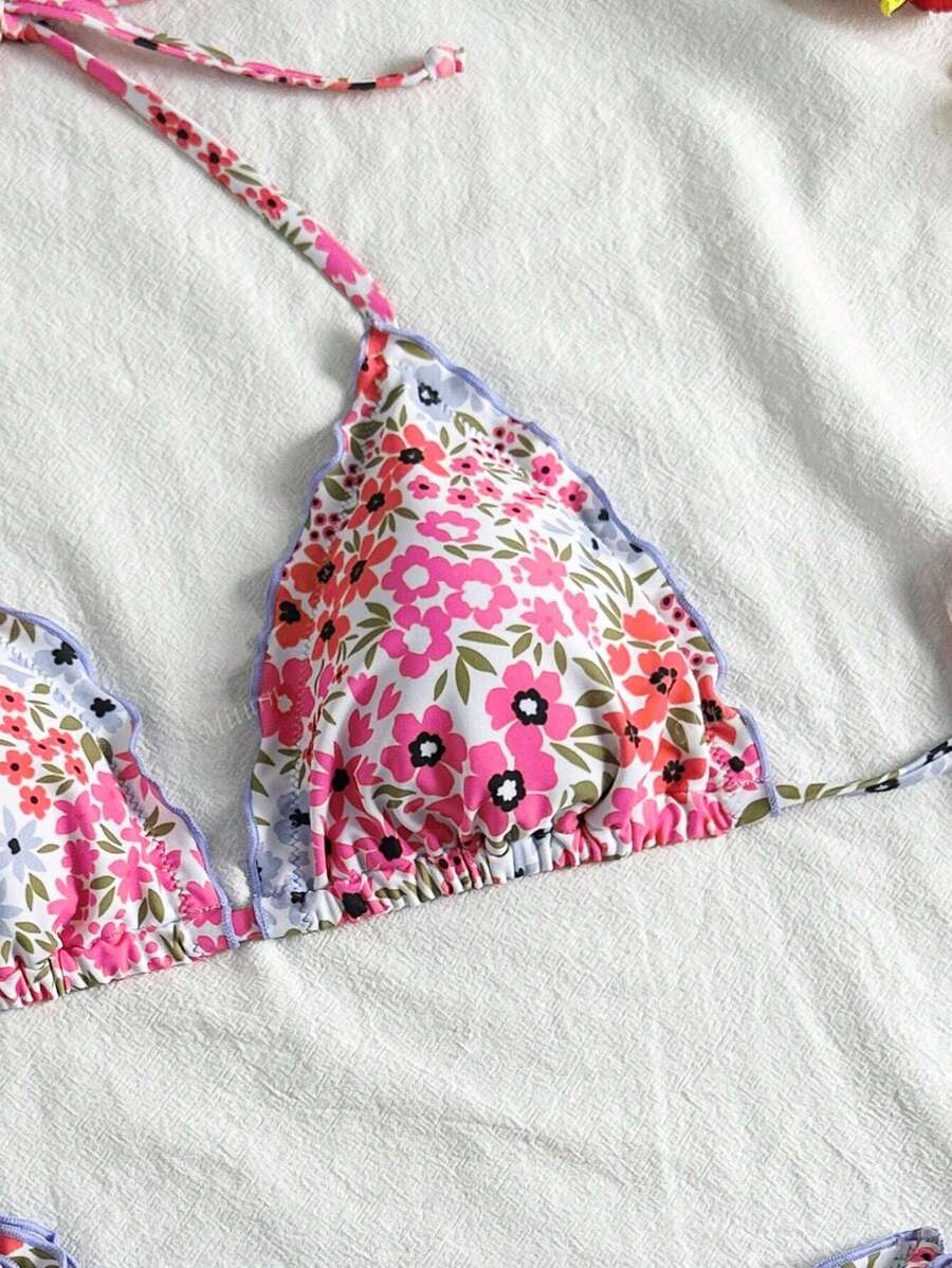 Çiçekli Dantel Pileli Bikini Takımı
