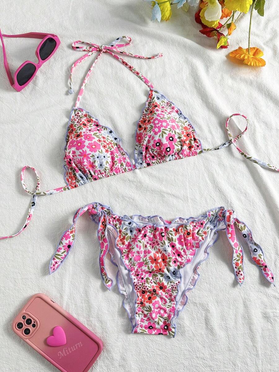 Çiçekli Dantel Pileli Bikini Takımı