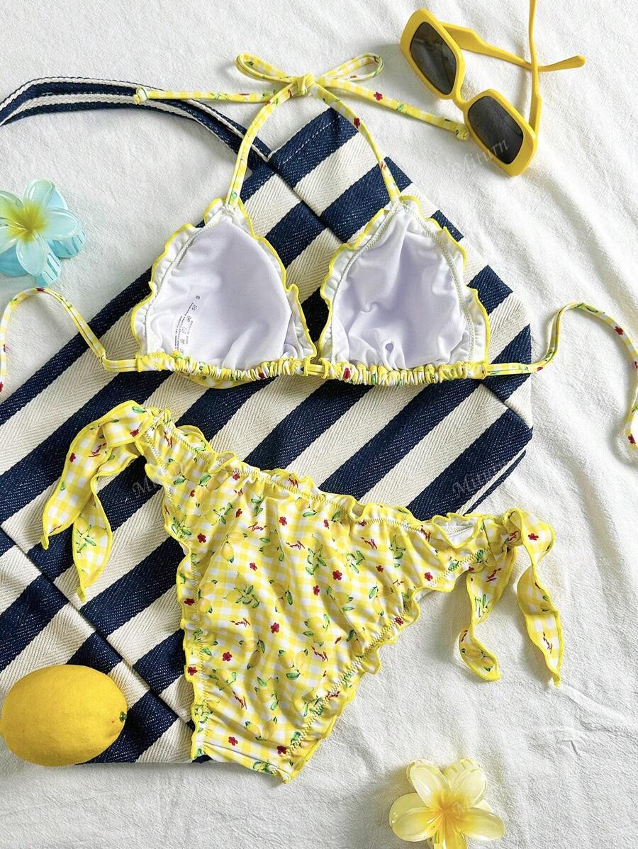 Çiçekli Dantel Pileli Bikini Takımı
