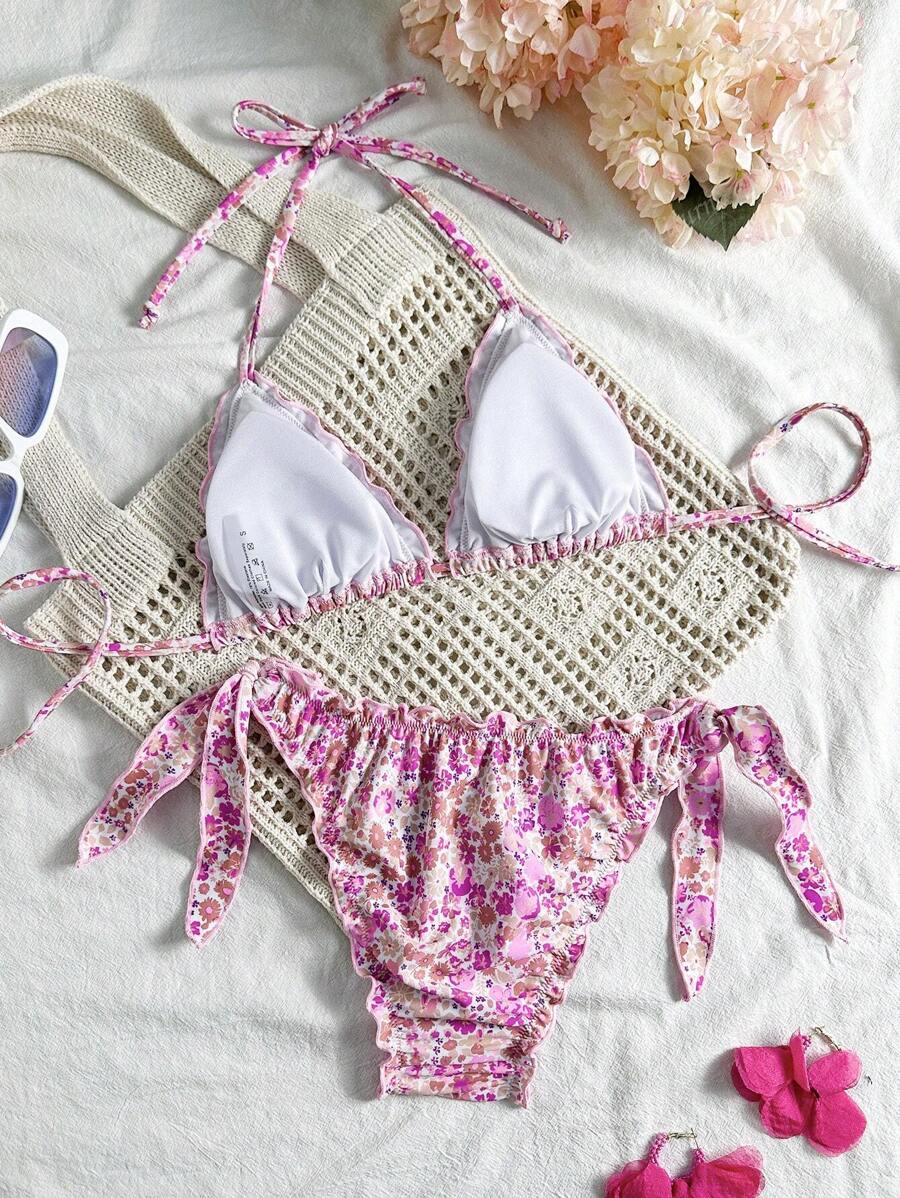 Çiçekli Dantel Pileli Bikini Takımı