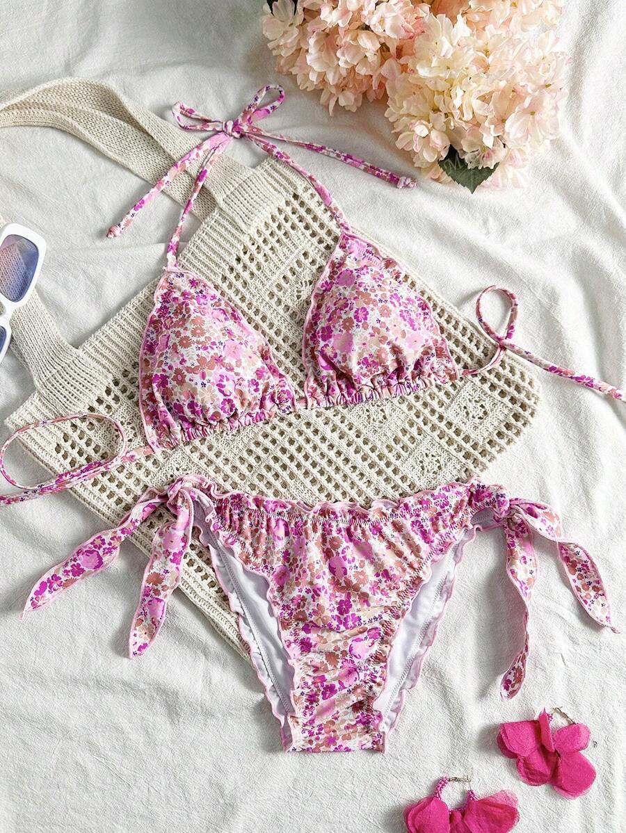 Çiçekli Dantel Pileli Bikini Takımı