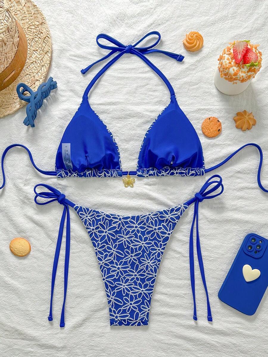 Çiçek Desenli Boyundan Bağlamalı Bikini Ve Bağcıklı Bikini Altı Takımı
