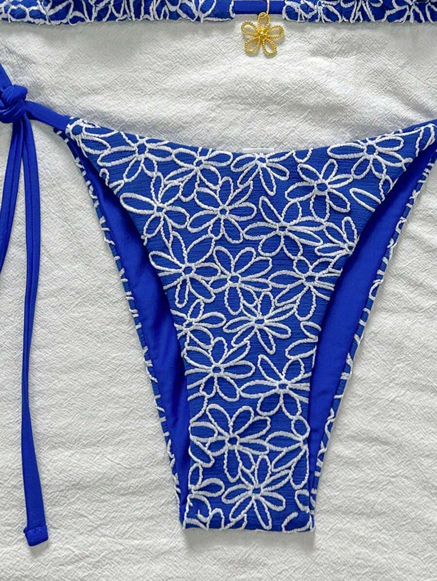 Çiçek Desenli Boyundan Bağlamalı Bikini Ve Bağcıklı Bikini Altı Takımı