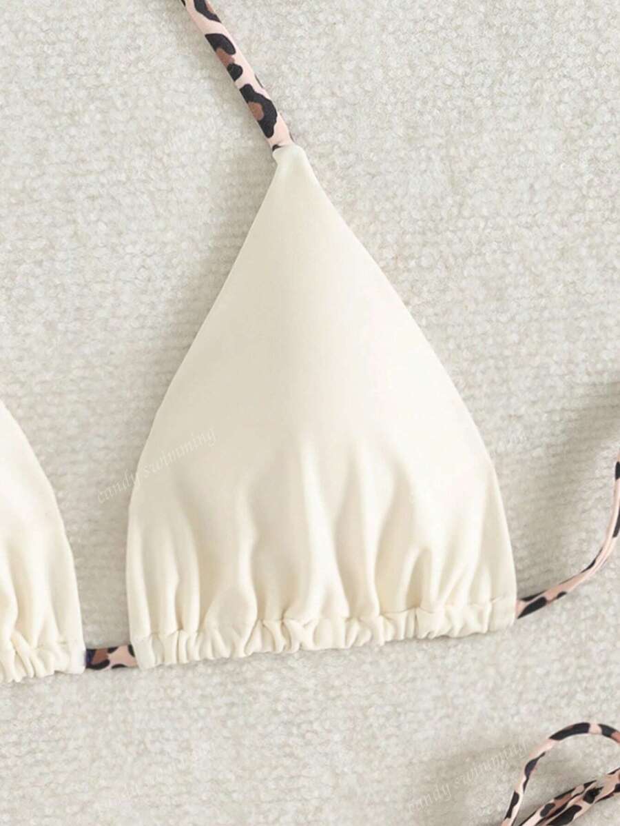 Leopar Desenli Boyundan Bağlamalı Bikini Takımı