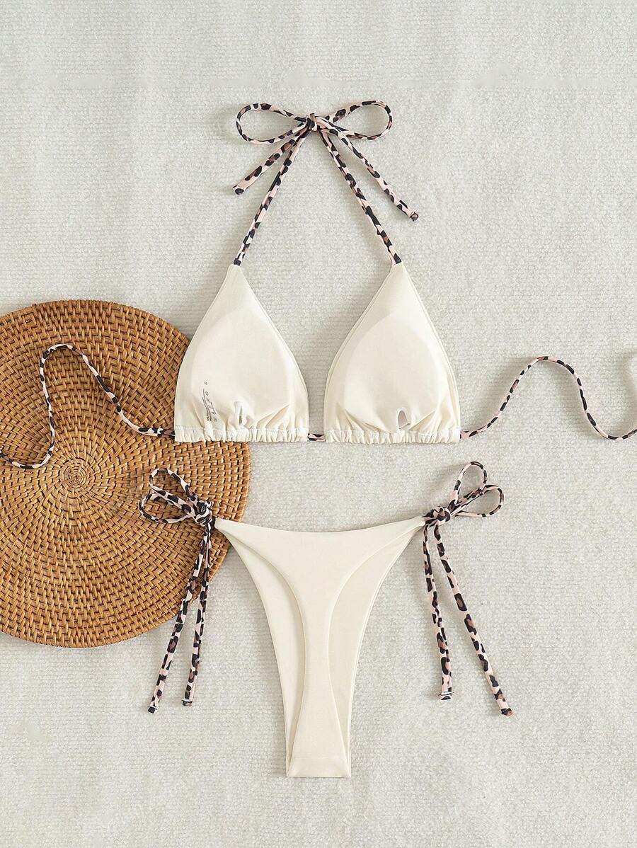 Leopar Desenli Boyundan Bağlamalı Bikini Takımı