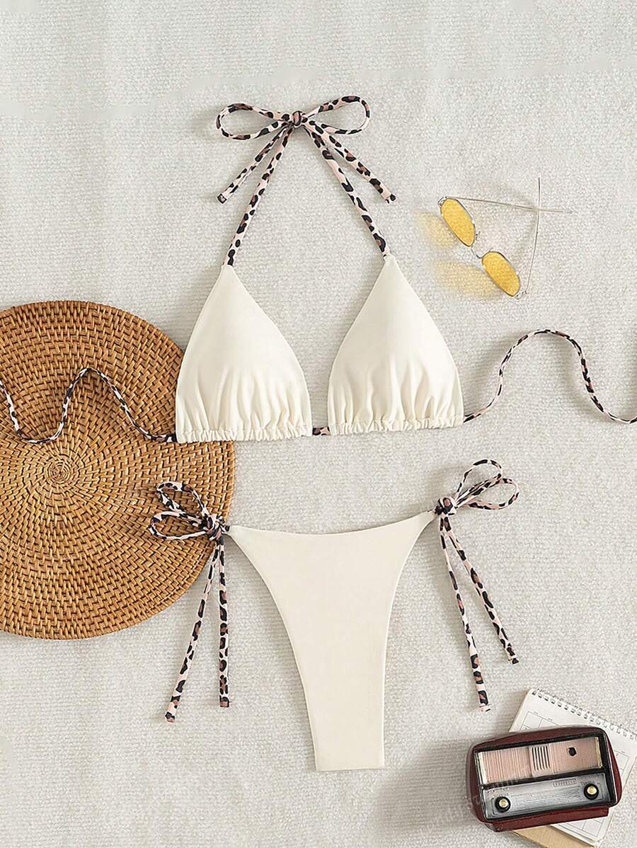 Leopar Desenli Boyundan Bağlamalı Bikini Takımı