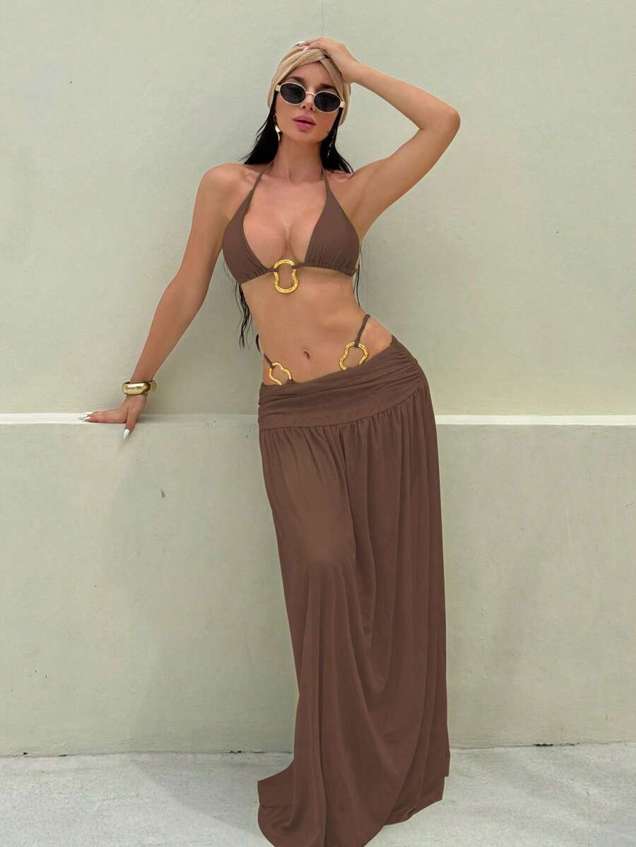Parlak Kumaş Boyundan Bağlamalı Bikini, Asimetrik Halka Detaylı Uzun File Plaj Elbisesi