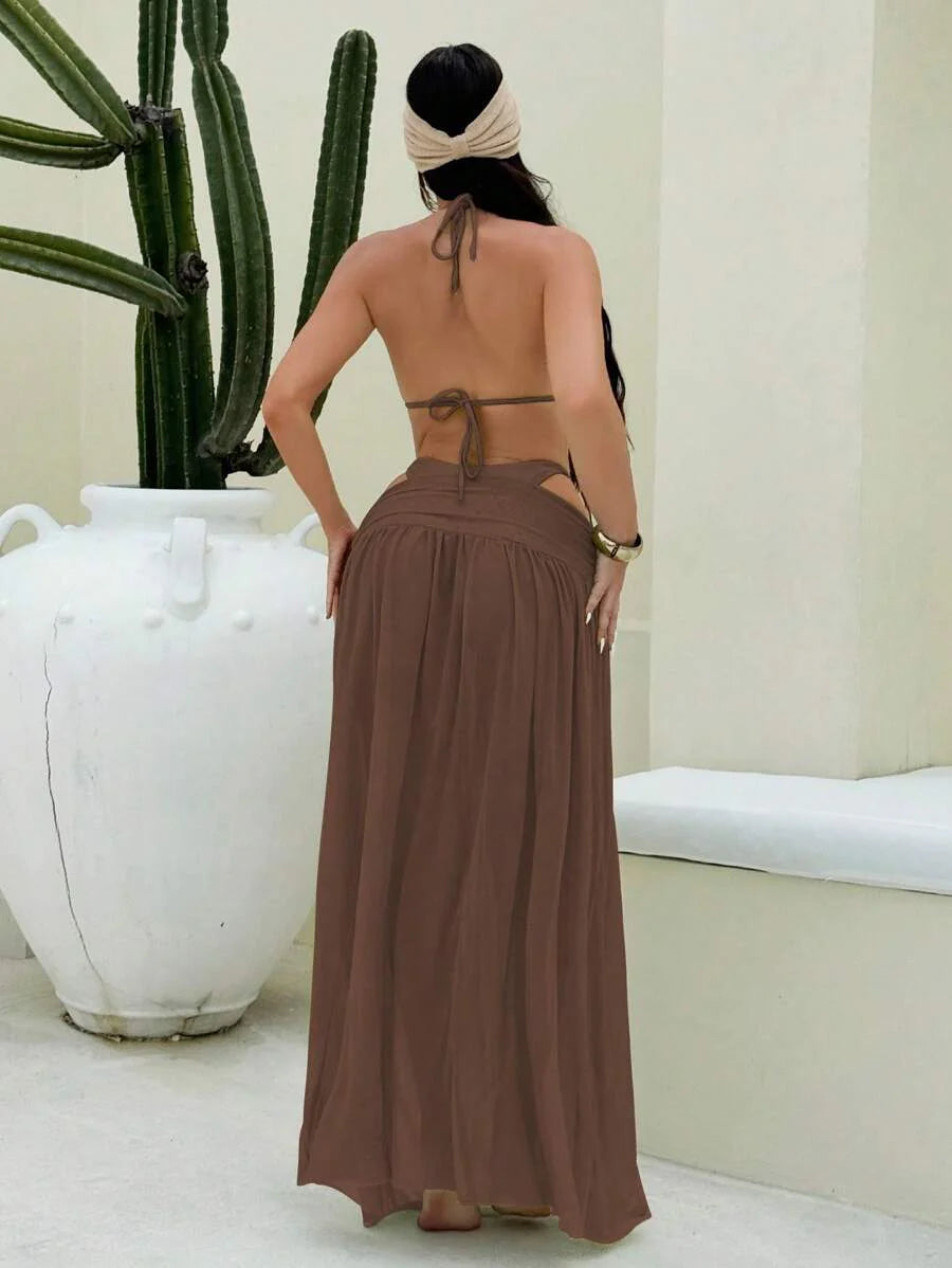 Parlak Kumaş Boyundan Bağlamalı Bikini, Asimetrik Halka Detaylı Uzun File Plaj Elbisesi