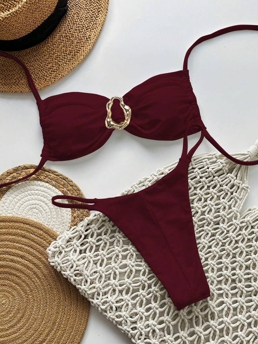 Pembe Straplez Bağcıklı Metal Detaylı Bikini Takımı