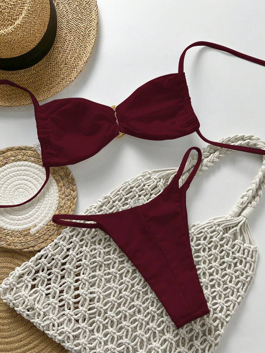 Pembe Straplez Bağcıklı Metal Detaylı Bikini Takımı