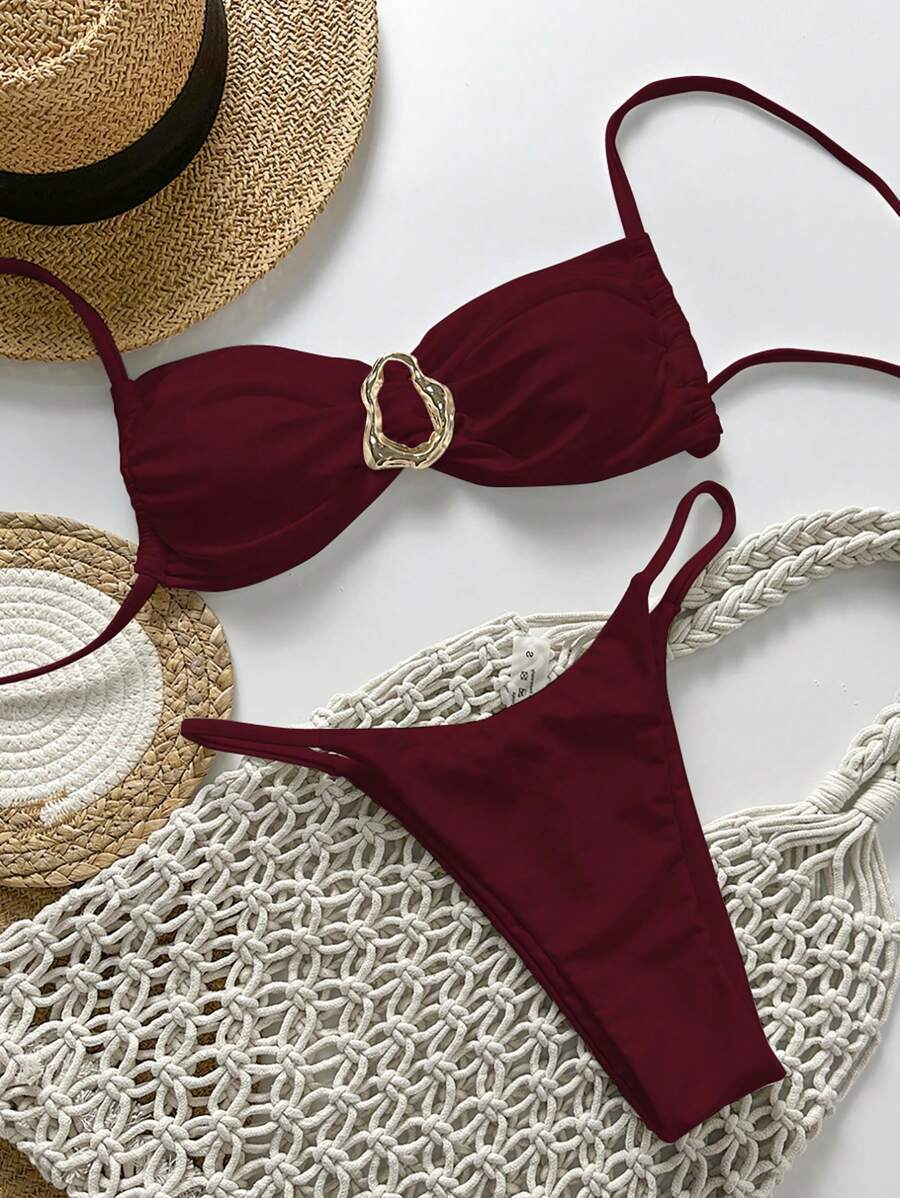 Pembe Straplez Bağcıklı Metal Detaylı Bikini Takımı