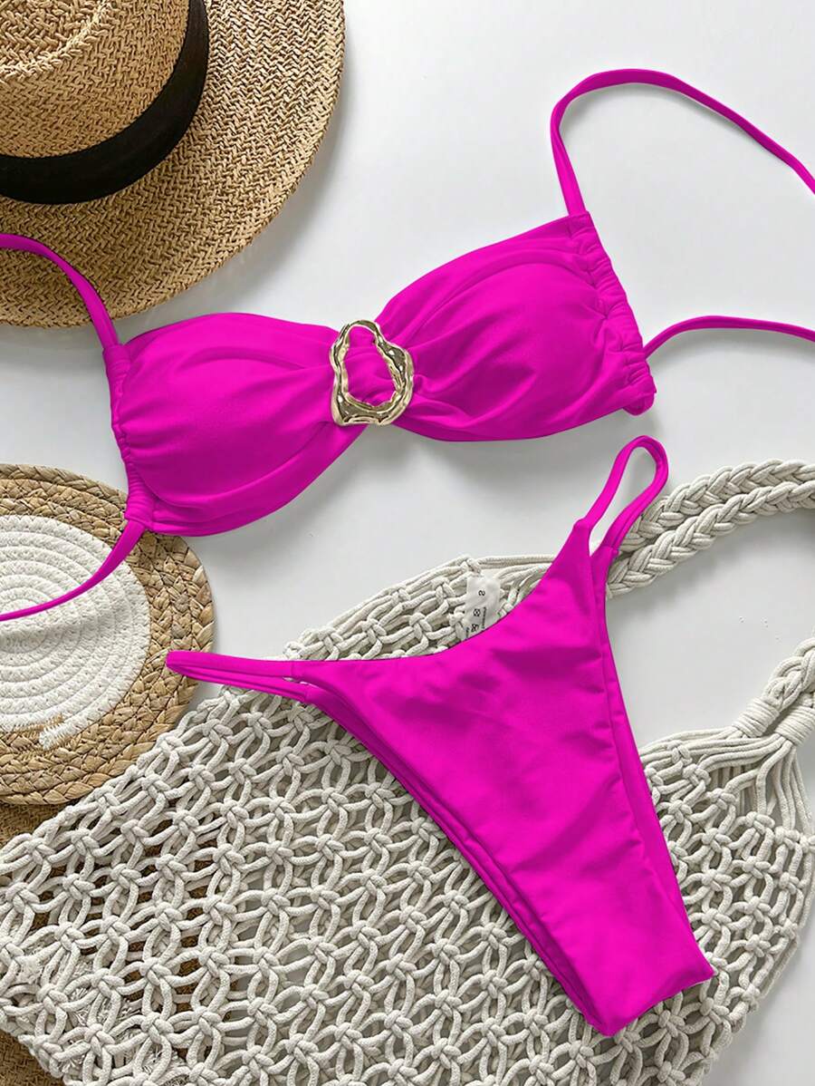 Pembe Straplez Bağcıklı Metal Detaylı Bikini Takımı