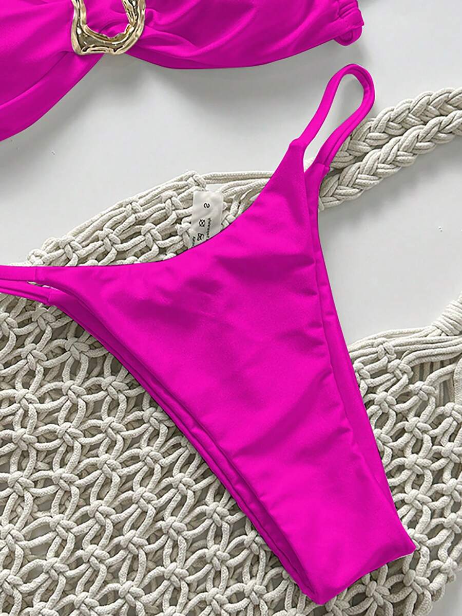 Pembe Straplez Bağcıklı Metal Detaylı Bikini Takımı