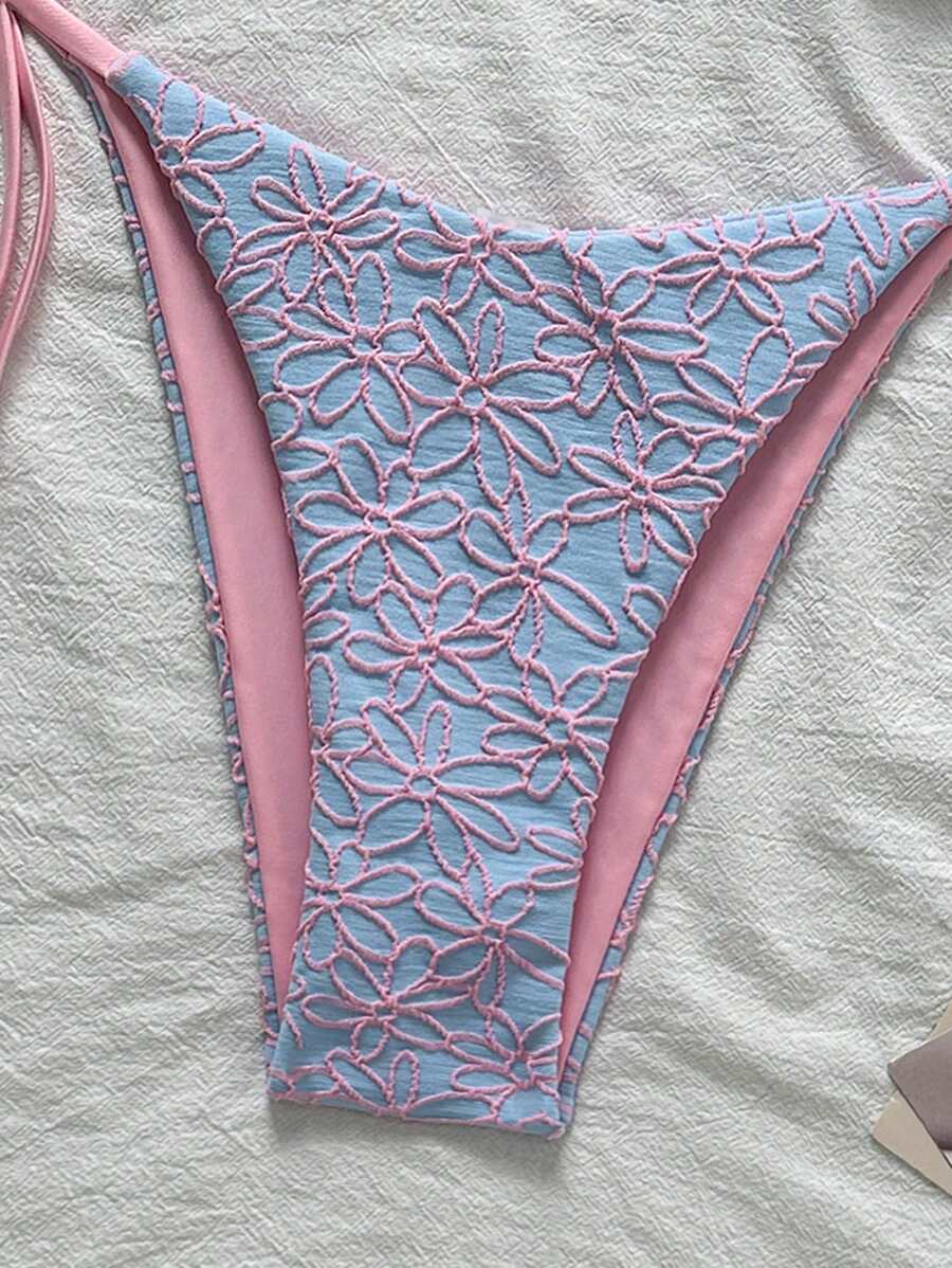 Çiçek Desenli Boyundan Bağlamalı Bikini Ve Bağcıklı Bikini Altı Takımı