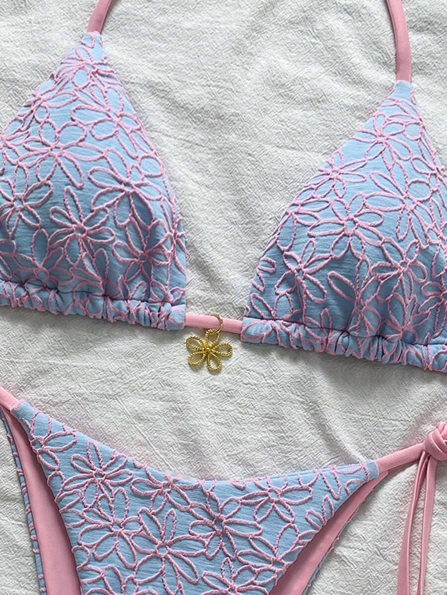 Çiçek Desenli Boyundan Bağlamalı Bikini Ve Bağcıklı Bikini Altı Takımı