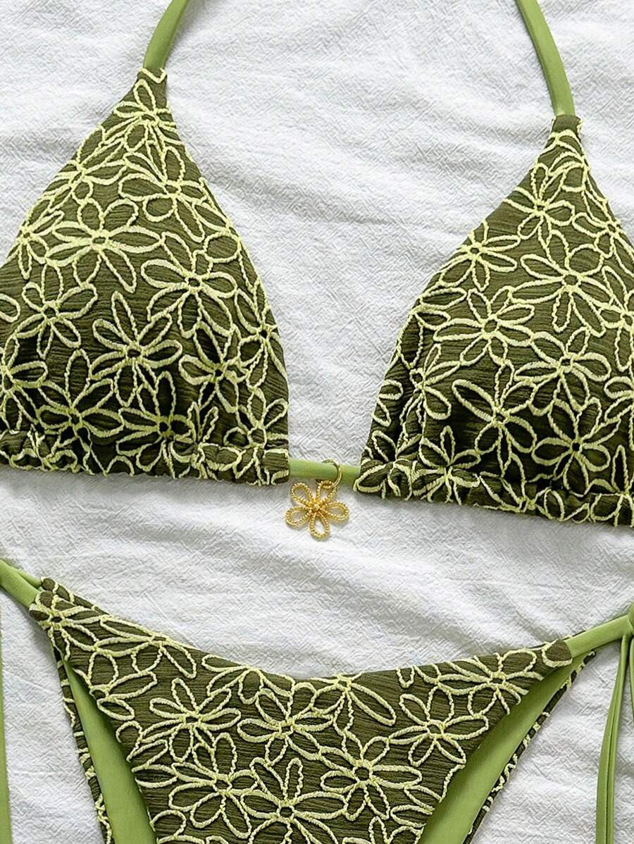 Çiçek Desenli Boyundan Bağlamalı Bikini Ve Bağcıklı Bikini Altı Takımı