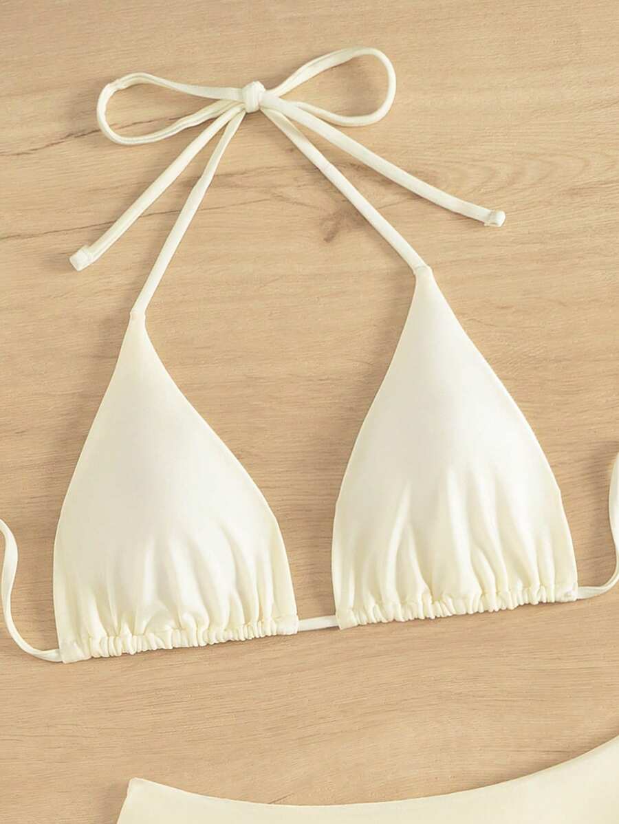 3 Parça Halter Üst + Üçgen Alt + Bağcıklı Şort Bikini Takımı