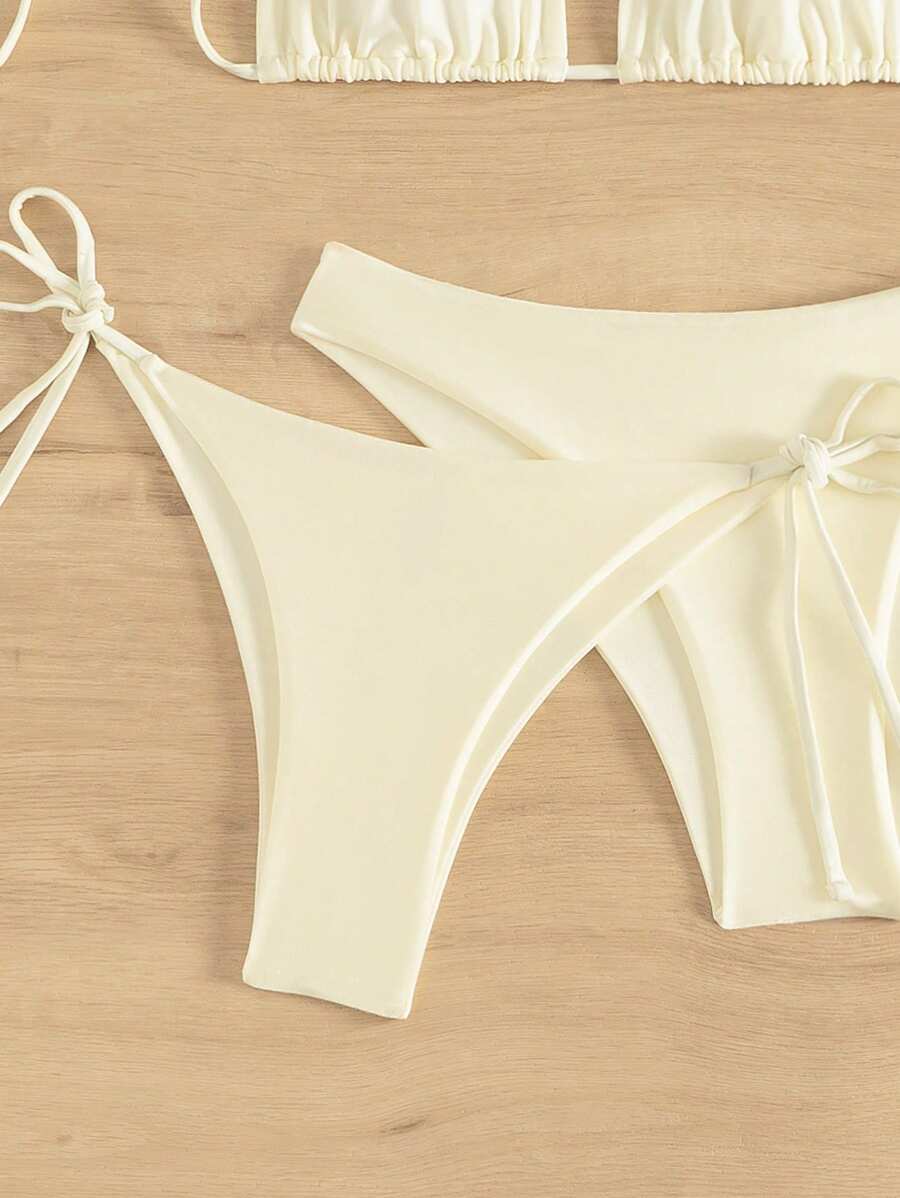 3 Parça Halter Üst + Üçgen Alt + Bağcıklı Şort Bikini Takımı