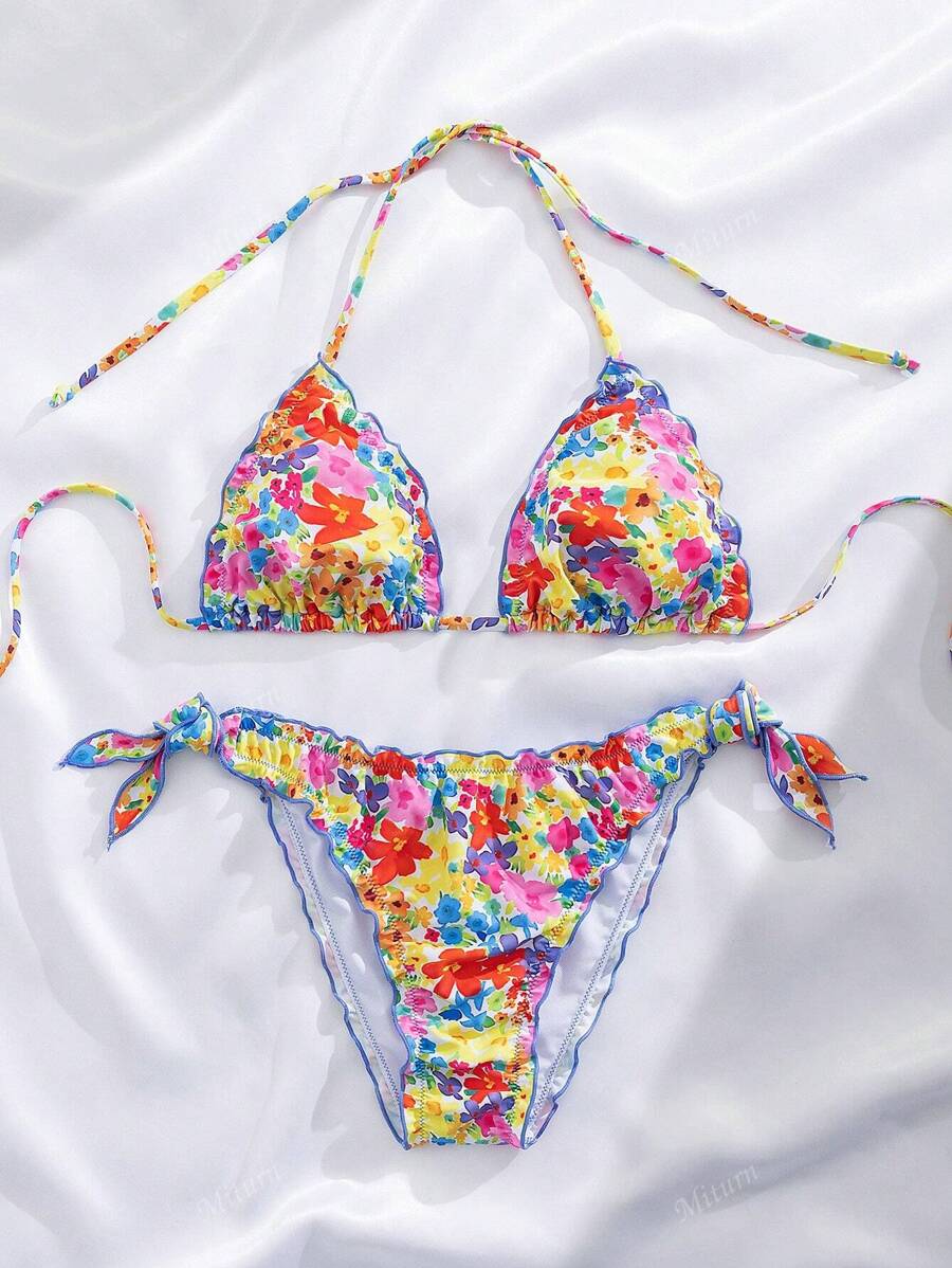 Çiçekli Dantel Pileli Bikini Takımı