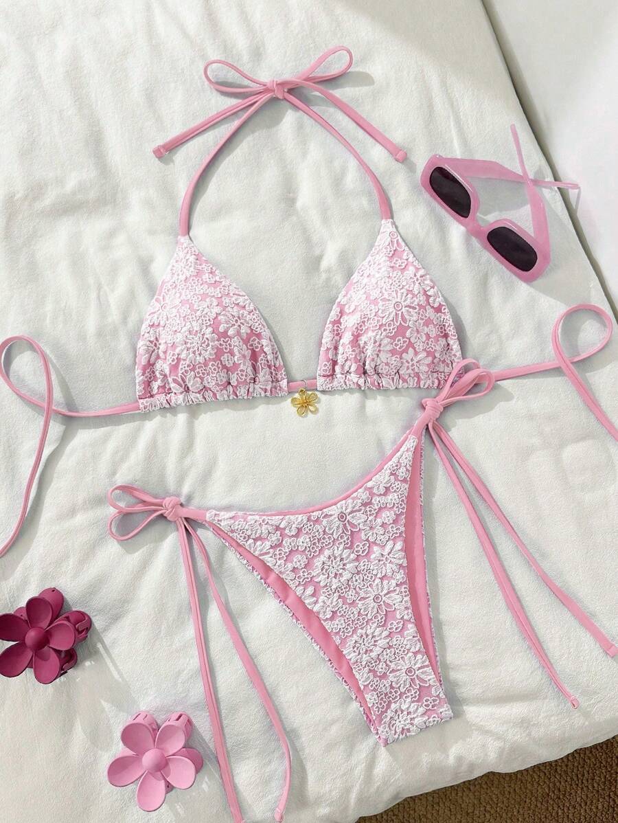 Altın Çiçek Desenli Üçgen Bikini Takımı