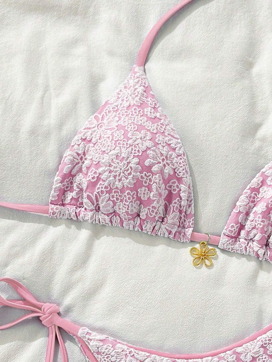 Altın Çiçek Desenli Üçgen Bikini Takımı